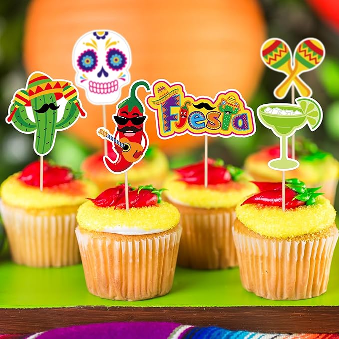 48 PCS Cinco De Mayo Cupcake Toppers, 12 Style Mexican Party Decorations, Chili Cactus Sombrero Printing Design Fiesta Cake Toppers Cupcake Picks, Cinco De Mayo Decor for Mexican Party