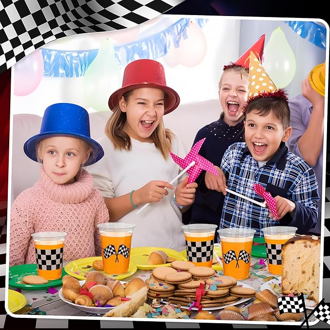 peony man 50 Pcs Checkered Racing Party Plastic Cups 16 oz White Black Checkered Flag Clear Cup Disposable Race Car Drinking Cups for Race Car Sports Themed Birthday Party Favors Supplies