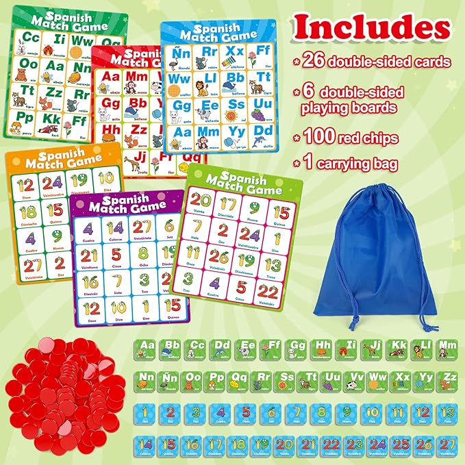 Spanish Alphabet Bingo Games,Letter/Number/Sight Word for Kindergarten,ABC and 123 Bingo Board Match Games for Kids 4-6,Learn Spanish Flash Cards,Toddler Educational Toys