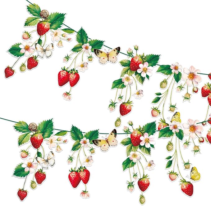 Paper Jazz Strawberry Birthday Banner 2pcs Strawberry Garland Decoration Berry First Theme Birthday Supplies,Strawberry Streamers for Garden Classroom Red and Green Party Decor for Girl