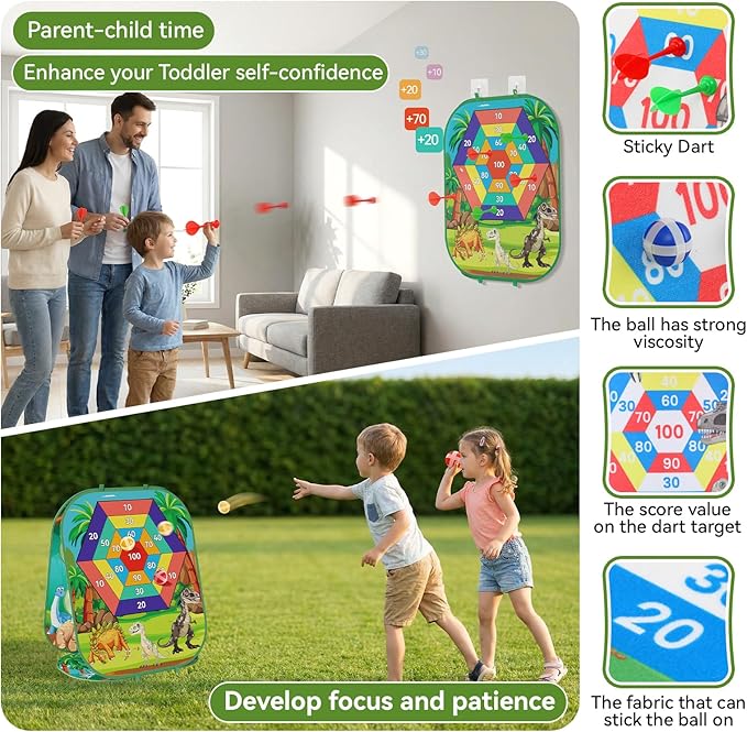 4-in-1 Dinosaur Bean Bag Toss Game for Kids, Cornhole Board Set with Dart Board for Toddler Outdoor Toys, Family Party Game Backyard Beach Lawn Activities Gift for Boys & Girls Ages 3 4 5 6 7 8