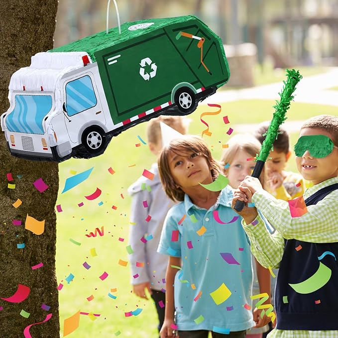 Garbage Truck Piñata 3D Trash Truck Birthday Decorations with a Blindfold and Bat for Kids Girls Boys Gift Holiday Piñata Party Baby Shower Supplies