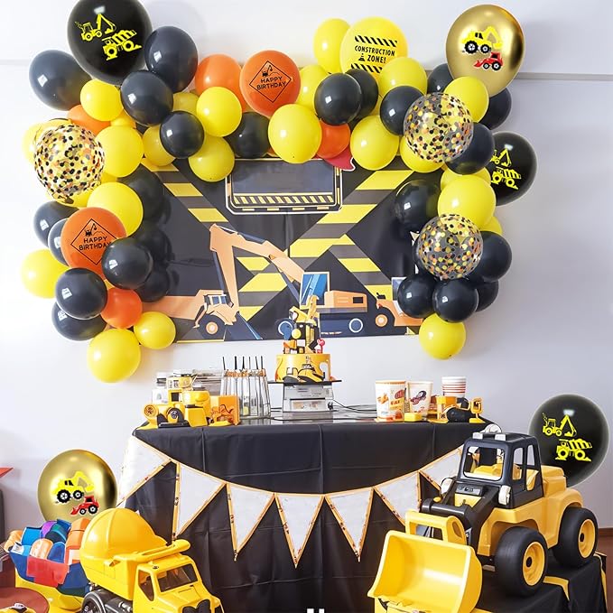 Construction Balloons, 12 Inch Gold Black Yellow Orange Confetti Balloons for Boy Baby Shower Construction Themed Birthday Truck Party Graduation Supplies