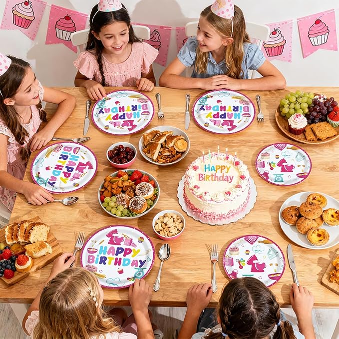 96Pcs Baking Birthday Party Supplies Pink Baking Plates and Napkins Pink Bakery Macaron Tableware Sets for Girls Kids Bakers Happy Birthday Baby Shower Party Decorations, Serves 24