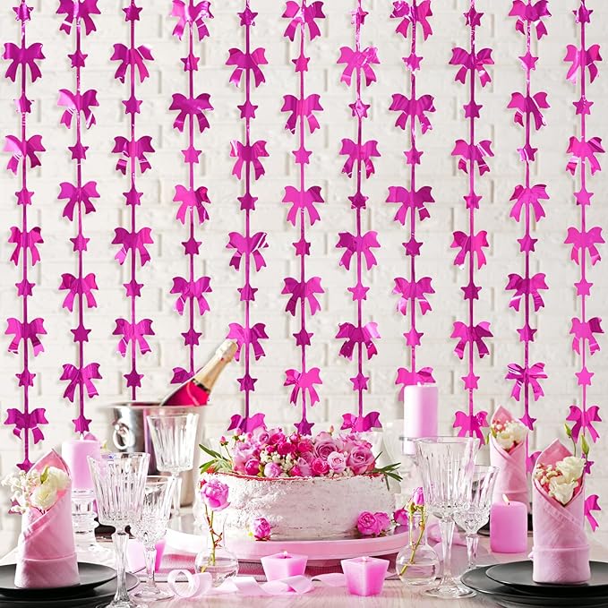 Bow Party Decorations, 2 Pack Hot Pink Birthday Party Supplies, 3.3 X 6.6 ft Foil Fringe Curtains, Pink Bow Photo Booth Props Photo Backdrop for Birthday, Bachelorette, Girls Party Decor