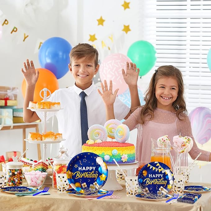 gisgfim 96 Pcs Blue and Gold Birthday Plates and Napkins Party Supplies Navy Blue Party Tableware Set Happy Birthday Decorations Favors for Men Women for 24 Guests
