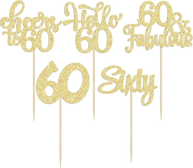 30Pcs Happy 60th Birthday Cupcake Toppers Gold Glitter Sixty Cake Toppers Cheers to 60 Years Old Birthday Cupcake Picks for 60th Birthday Anniversary Party Cake Decorations Supplies