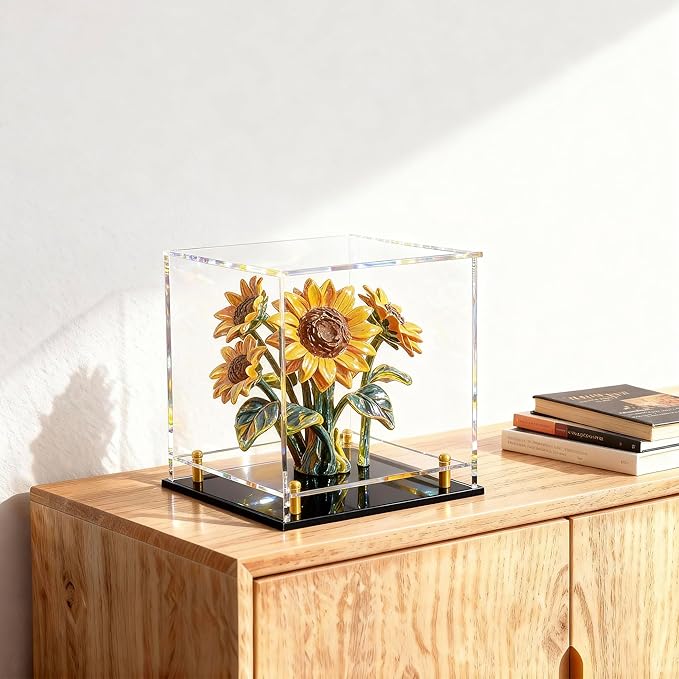 Acrylic Display Case for Collectibles, Dustproof Acrylic Box with Clear Display Elevation & Gold Risers, Large Display Case for Figures Toys Memorabilia, 10" L x 10" W x 10" H