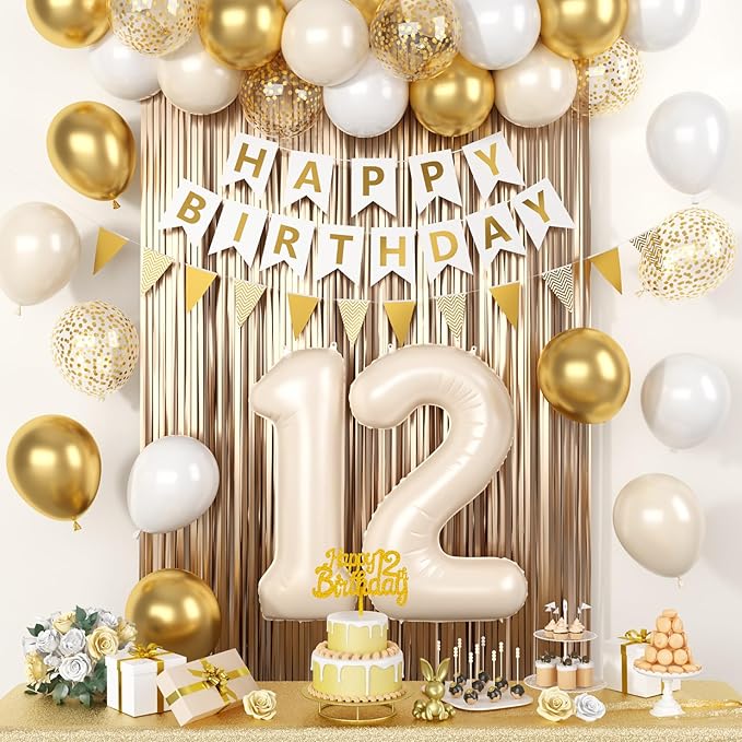 White Gold Birthday Decorations, 12th Happy Birthday Party Decorations With Cream White Number 12 Balloons Beige Latex Balloons Banner Champagne Fringe Curtain Cake Topper For 12th Party Supplies