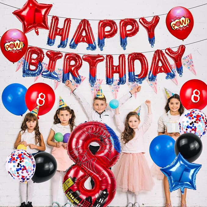 Cartoon Hero 40 Inch Red and Blue Spider Theme Number Foil Birthday Decoration Balloon, Spider Theme Happy Birthday Banner Party Decoration Balloon, Letter Logo Superhero Party Supplies (8)