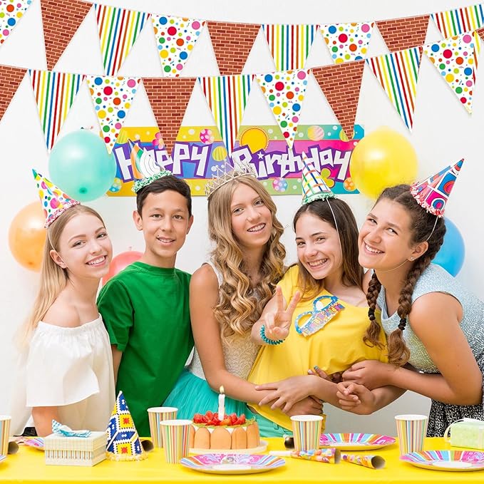 Jetec 5 Pcs 49 Ft Cartoon Friends Birthday Party Decorations Pennant Banner Red Brick Triangle Bunting Flags Green Blue Red Theme Party Supplies for Indoor Outdoor Hanging Decor Favors