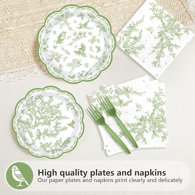 96Pcs Green Hummingbird Flowers Party Supplies Sage Green Bird Floral Plates and Napkins Disposable Vintage Spring Floral Tableware Set for Birthday Picnic Dinner Party Decorations Serves 24