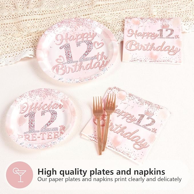 Grencian 12th Birthday Decorations Rose Gold 12th Birthday Plates and Napkins Disposable Rose Gold Official 12 Pre-Teen Paper Tableware Set for Girls 12 Year Old Party Supplies, Serves 24