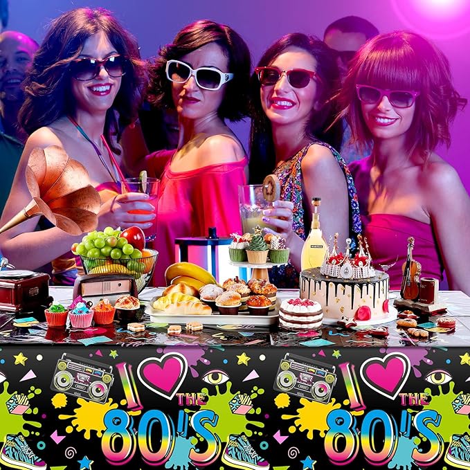 Tegeme 3 Pack 80s Plastic Party Tablecloth 80's Party Table Cover 80s Birthday Supplies The 80's Hip Hop Decoration Throwback Birthday Decoration for Dining Room, 54 x 108''