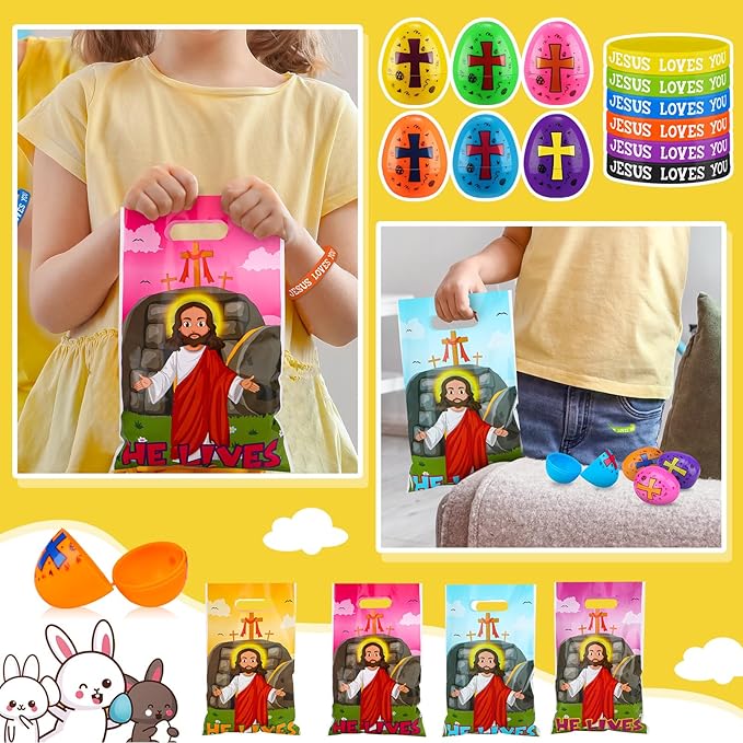 108 Pcs Easter Religious Party Favor Easter Eggs Fillers Christian Goody Bags Jesus Loves You Wristbands Party Supplies for Gift Church (Jesus)