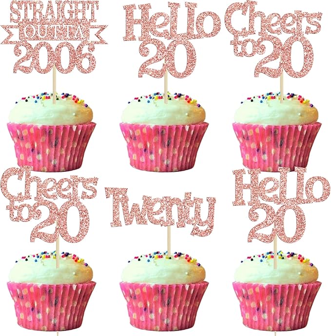 Ephlyn 24Pcs Happy 20th Birthday Cupcake Toppers Glitter Cupcake Picks Hello 20 Cheers to 20 Years Cake Decorations for 20th Birthday Anniversary Party Decorations Supplies Rose Gold