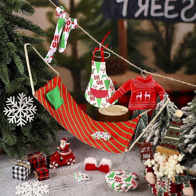 Kacctyen 12 Pcs Christmas Accessories Kits Include Christmas Doll Sleeping Bag Sweater Apron Chef Hat Scarf Earmuffs Eye Mask Snow Tube Mask Hammock for Doll Clothes Costume Outfits