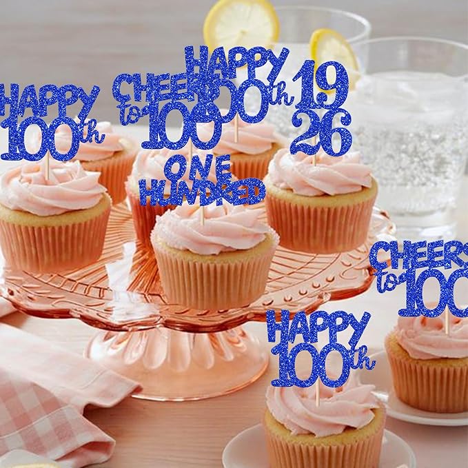30 PCS 100th Birthday Cupcake Toppers Glitter One Hundred Happy 100 Straight Outta 1926 Cupcake Picks for Cheers to 100 Fabulous 100th Birthday Anniversary Party Cake Decorations Supplier Blue