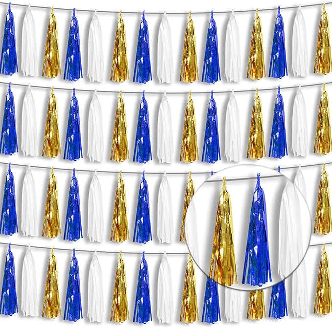 4 Pack Navy-Blue White and Gold Foil Fringe Tassel Banner Garland Metallic Tinsel Streamers Wall Hanging Curtain Backdrop Banners for Parade Floats, 2025 Graduation, Retirement Party Decoratio