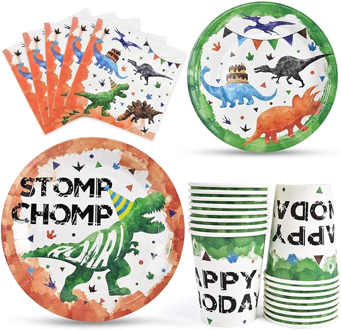 Watercolor Dinosaur Party Supplies - Disposable Dinosaur Party Tableware for Kids Boys Birthday Includes Luncheon Dinner Dessert Plates Napkins Paper Cups Serves 16 Guests 64 PCS