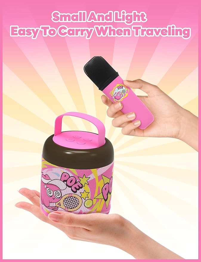 Jellie O-K Kids Wireless Karaoke Speaker with Handheld Microphone, Portable, Premium Sound, Cute Characters, Fun for The Whole Family. (Pink)