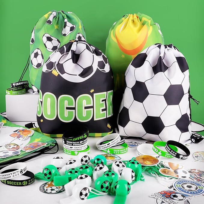 98Pcs Soccer Party Favors, Soccer Drawstring Bags with Silicone Bracelet Soccer Whistles Stickers Soccer Goodie Bags for Soccer Party Decorations Party Supplies