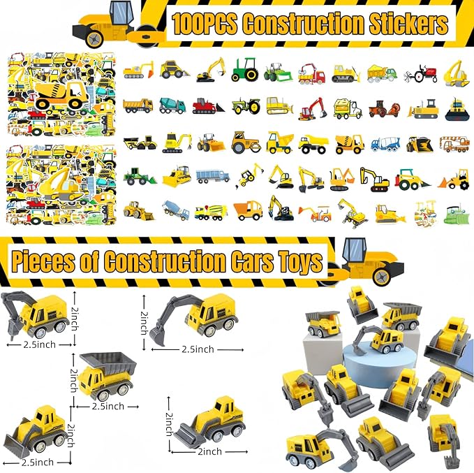 208PCS Construction Birthday Party Favors,construction birthday party supplies,excavator birthday decorations-Available for 12 People.