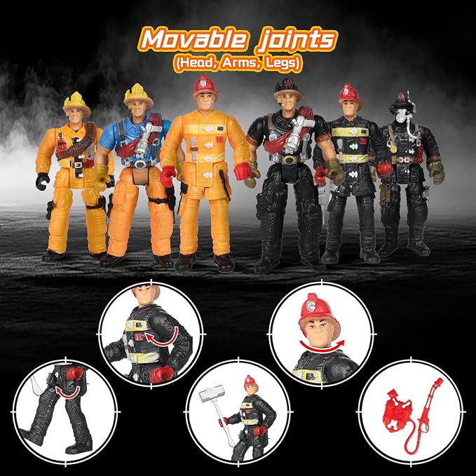 Kids Firefighter Action Figures Playset, Fireman Figures Toys with Tools, Red Fire Trucks, Army Vehicles, Helicopter, Soldiers Accessories, Play Mat, Birthday Gift for Boys