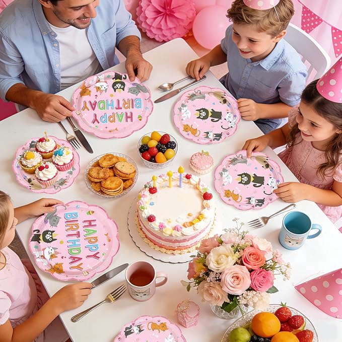 96Pcs Cat Birthday Party Supplies Cats Themed Plates and Napkins Pink Kitten Happy Birthday Tableware Set for Girls Pink Cat Baby Shower Party Supplies Serves 24