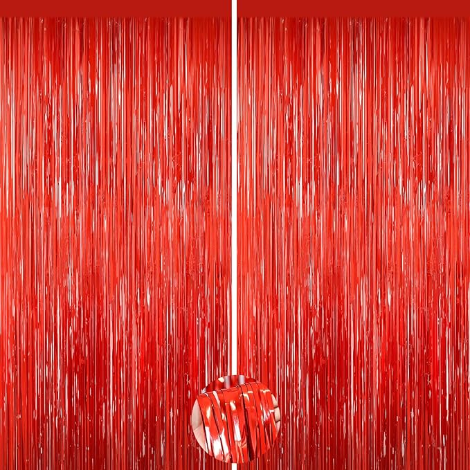 Red Tinsel Backdrop, 2Pack Fringe Curtains, Red Foil Tinsel Party Streamer Backdrop Curtains, Engagement Wedding Photo Backdrop Party Decorations for Wedding Anniversaries Christmas Baby Shower Decors
