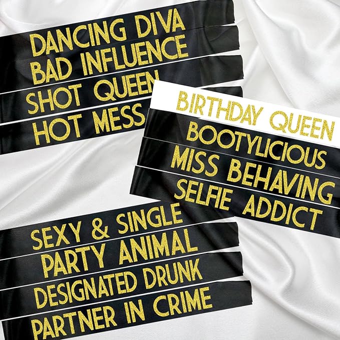 12 Pack Queen Sashes for Women - Birthday Squad Sash Set, Funny Gifts Sashes for Women's Birthday Party Supplies (Black + White + Gold Glitter Letters)