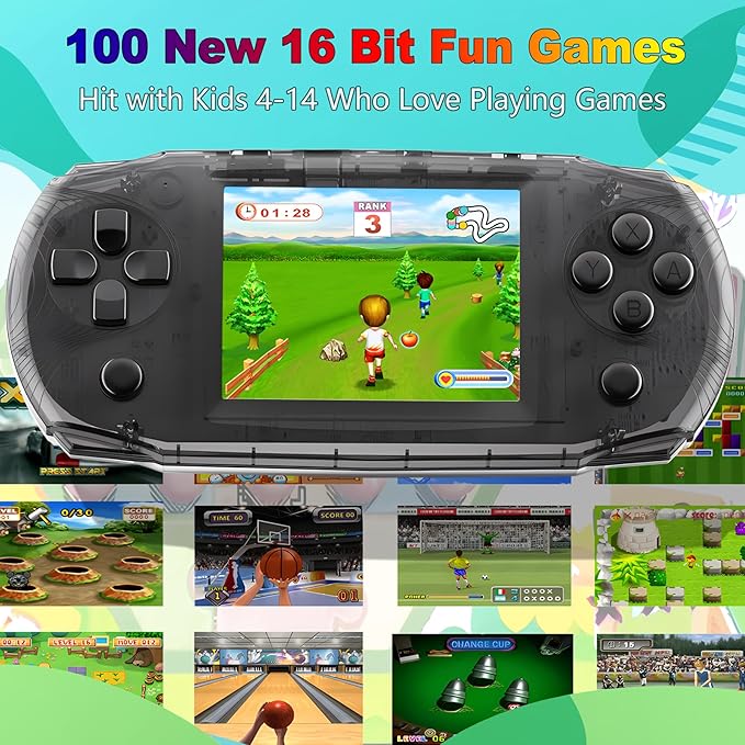 16 Bit 3.2" IPS Large Screen Handheld Game Console for Kids Preloaded 100 Retro Video Games, Portable Gaming System Rechargeable Battery, Mini Travel Electronic Toy Gifts for Boys Girls (Black)