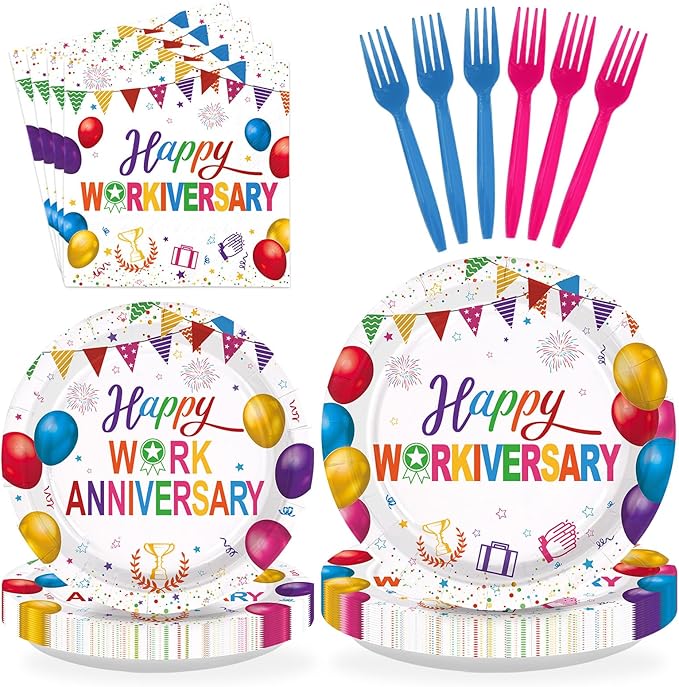 96Pcs Happy Work Anniversary Party Supplies Colorful Happy Workiversary Plates and Napkins Colorful Work Office Paper Tableware Set for Employee Worker Appreciation Party Supplies Serves 24