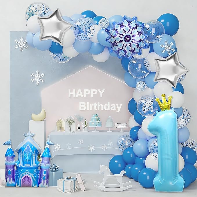 7Pcs 1st Birthday Party Decorations Balloons,Winter Snowflake Balloons Large Blue 40 Inch Number 1 Balloon Foil Star Castle Ballon for Birthday Party Favor Decor Supplies Winter Wonderland Decoration