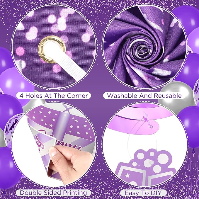 Purple Party Decorations for Women Girls Happy Birthday Banner Silver Glitter Backdrop Hanging Swirls Queen Sash 20PCS Purple Latex Balloons Set for Girl Sweet Princess Birthday Party Decor Supplies