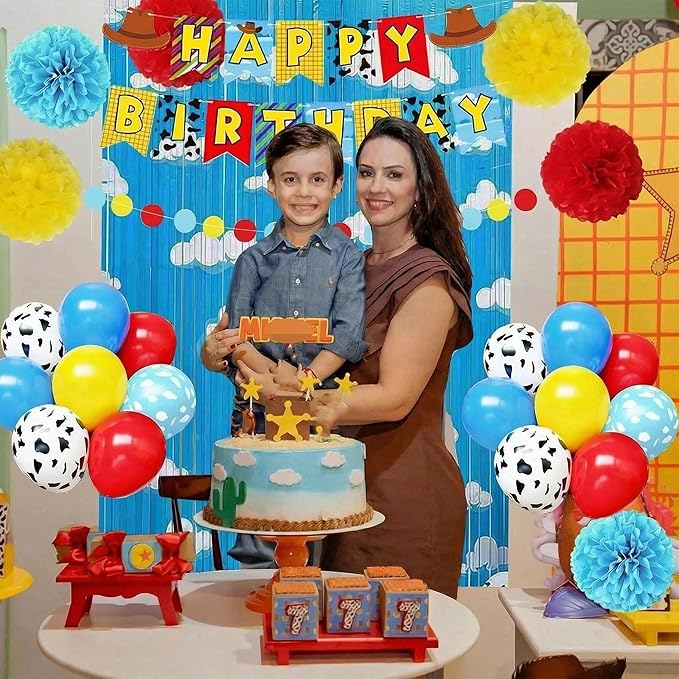 Cartoon Story Birthday Party Supplies Decorations, Include Banner, Balloons, Foil Fringe Curtains, Paper Garland Pull Flower, Tissue Paper Pom Poms