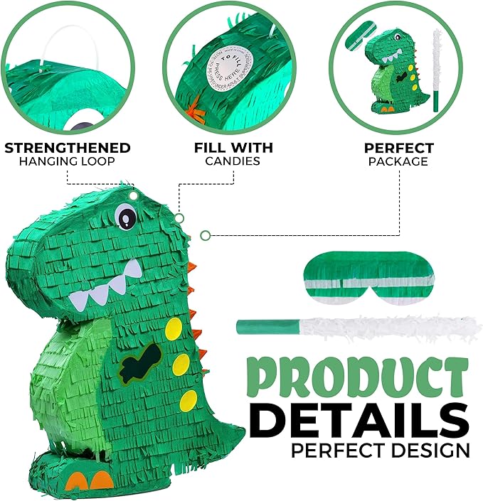 Dinosaur Pinata Bundle with a Blindfold and Bat (17x13x4 Inches), Perfect for Birthday Parties, Animal Theme Parties, Decorations