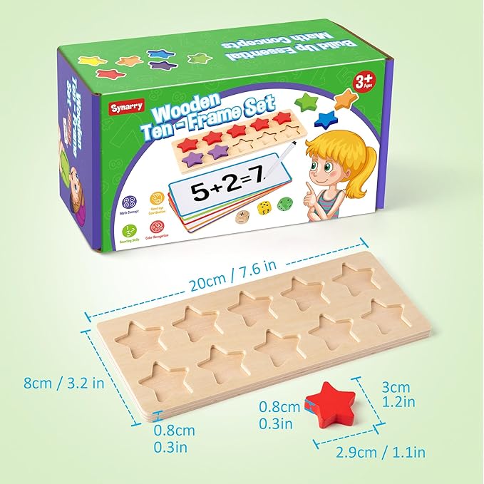 SYNARRY Wooden Ten-Frame Set Math Manipulatives for Kindergarten Classroom Elementary 1st 2nd Grade, Montessori Toys Gifts for 3-8, Addition and Subtraction Counters Math Games for Kids Ages 6-8