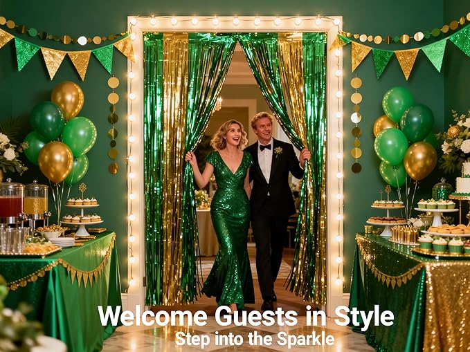 3 Packs Green Gold Foil Fringe Curtains Green Birthday Decorations Streamer 9.9ft for Wedding Party Backdrop Bridal Shower Tinsel,Birthday Party Door Cover Each 3.3 x 6.5 ft