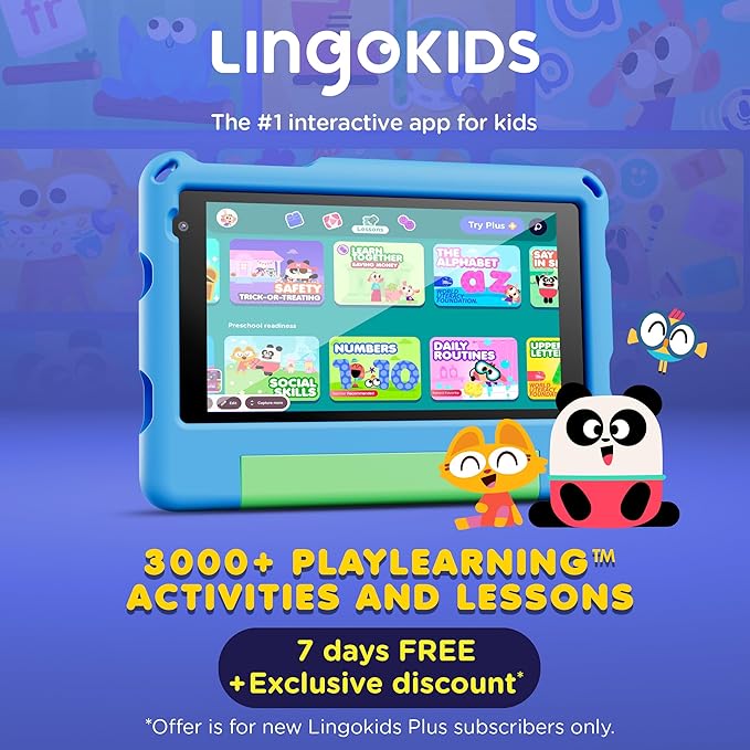 Contixo A7 Kids Tablet with 14 Apps, Lingokids & Epic, 7" HD Screen, Android 15, Parental Controls, WiFi, 3+32GB Storage, al Tablet for Kids Ages 3-12, Boys & Girls Gift, Blue