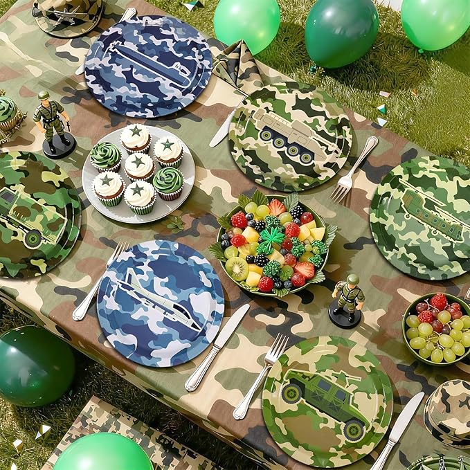 60Pcs Camo Army Party Paper Plates 9 Inch Disposable Heavy Duty Camo Military Birthday Dessert Plates Camouflage Military Decorations Favors for Boys Men Army Soldier Hunting Birthday Party Supplies
