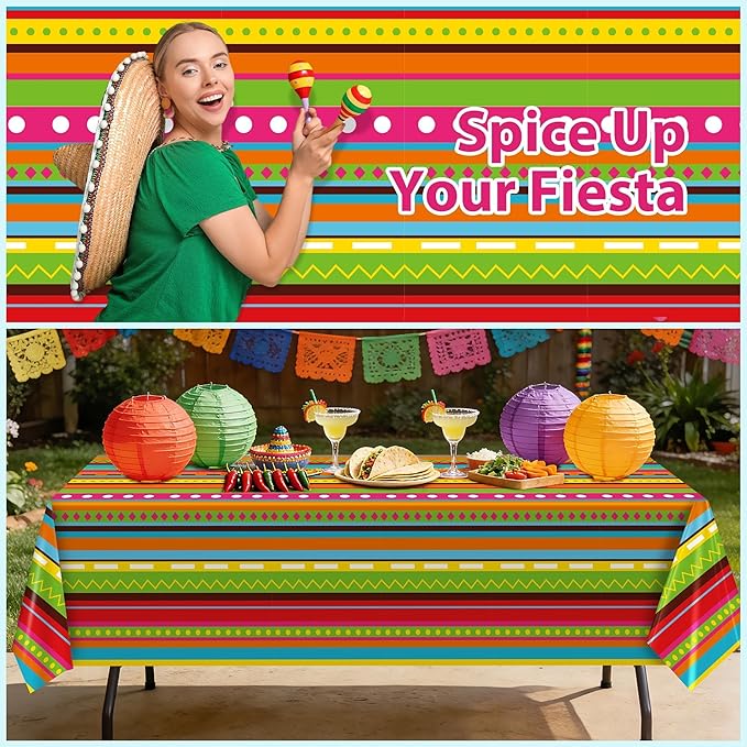 Kochorie 1 Roll 100 Ft x 54 Inch Mexican Fiesta Party Tablecloth Roll with Cutting Box Disposable Plastic Mexican Striped Table Cover Backdrop for Fiesta Taco Party Supplies