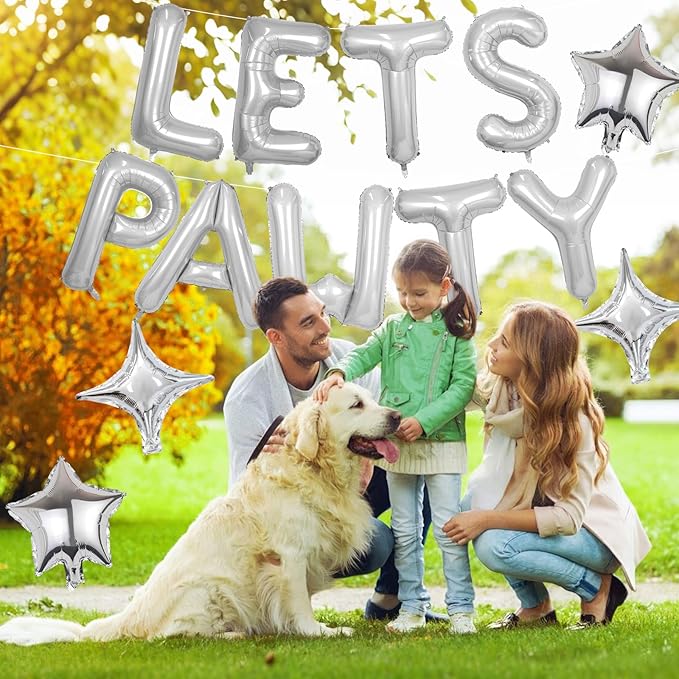 Lets Pawty Balloons Banner 16 Inch,Silver Dog Birthday Decorations with 4pcs 10 Inch Star Balloons,Paw Foil Letter Balloon for Dogs Paw Pet Puppy Theme Party Supplies