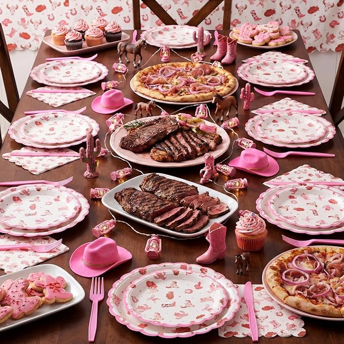122 Pcs Pink Cowgirl Birthday Party Supplies Western Cowgirl Plates Napkins and Fork Disposable Bowknot Rodeo Tableware Set for Girls Baby Shower Wedding Bachelorette Decoration, Serve 24
