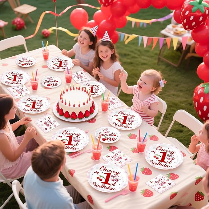 Grencian 96 Pcs Cherry Birthday Party Decorations Plates Set Cherry 1st Birthday Party Plates Fruit Themed Paper Tableware Set for One Year Old Baby Shower Fruit Themed Party Supplies