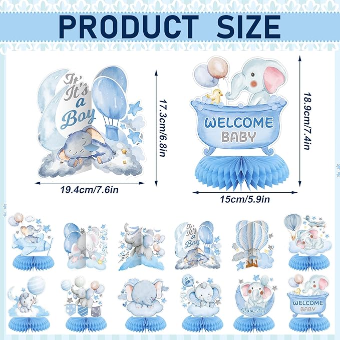 12 Pcs Blue Elephant Honeycomb Baby Shower Decorations Table Centerpieces Balloons Star Moon Elephant Table Topper Decoration for Gender Reveal Birthday Party Favors Supplies