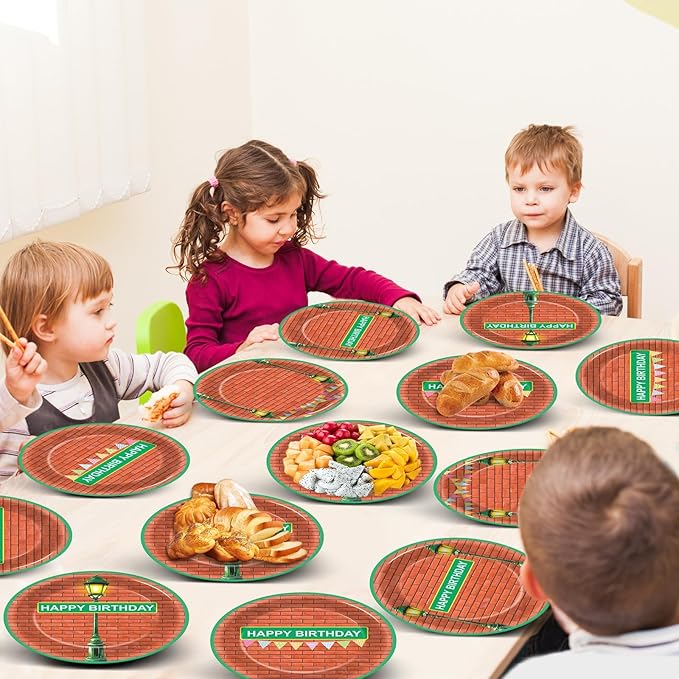 48Pcs Red Brick Wall Street Birthday Party Supplies 7" Modern Cartoon Street Paper Plates Disposable Dessert Plates Dinnerware Tableware for Birthday Baby Shower Kids Cartoon Theme Party Decorations