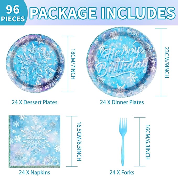 Grencian 96 Pcs Frozen Party Supplies Disposable Winter Snowflake Frozen Plates and Napkins Fork Tableware Set Frozen Birthday Party Decorations for Christmas Winter Onderland Decorations Serves 24