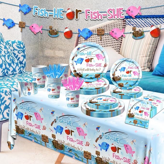 GREHUMOR Gone Fishing Gender Reveal Party Tableware 142Pcs Fish She or Fish He Gender Reveal Disposable Tablecloth,Plates,Napkins,Cups,Forks and Knives for Baby Shower Decoration of Gender Reveal