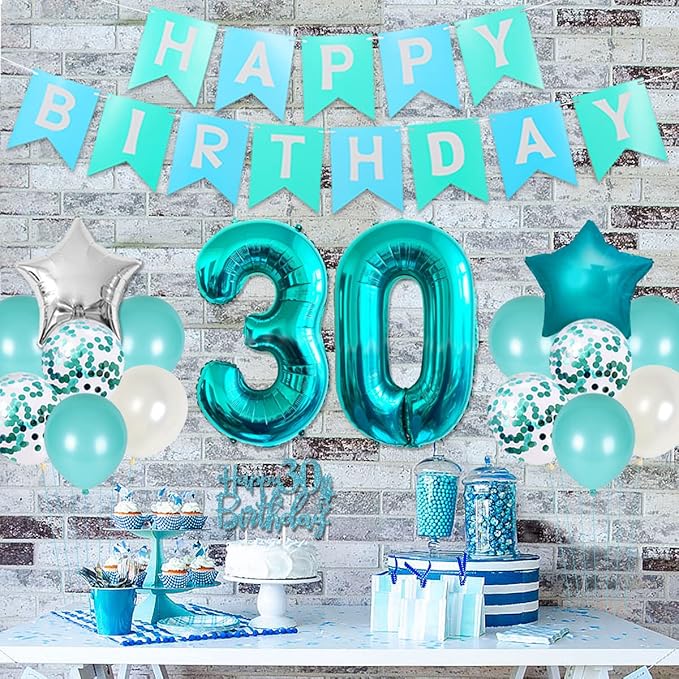 30th Birthday Decorations for Women Girls Teal - Queen Sash Happy Birthday Banner Cake Topper Number 30 Foil Balloon Foil Curtain for Turquoise Thirtieth Birthday Decorations Party Supplies for Her